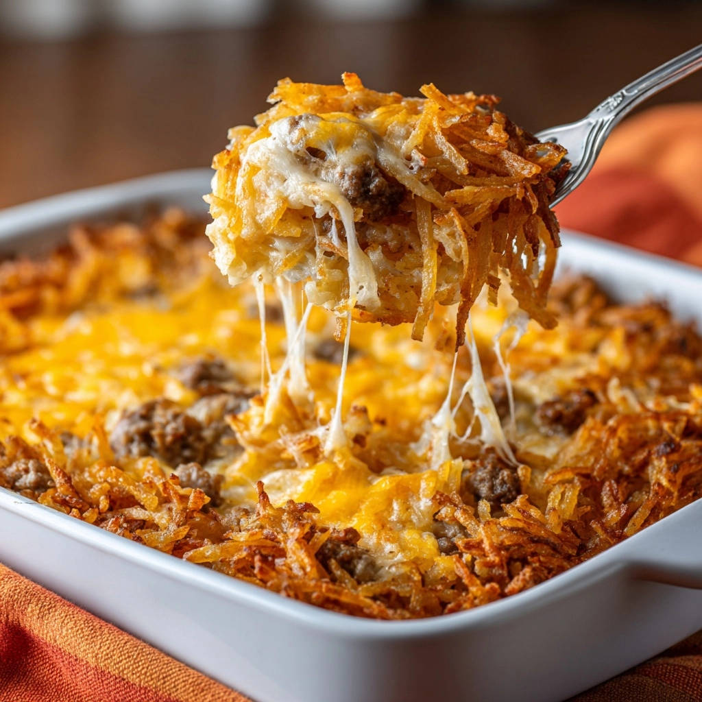 Cheesy beef and hash brown bake being lifted with a fork, showing melted cheese strands.