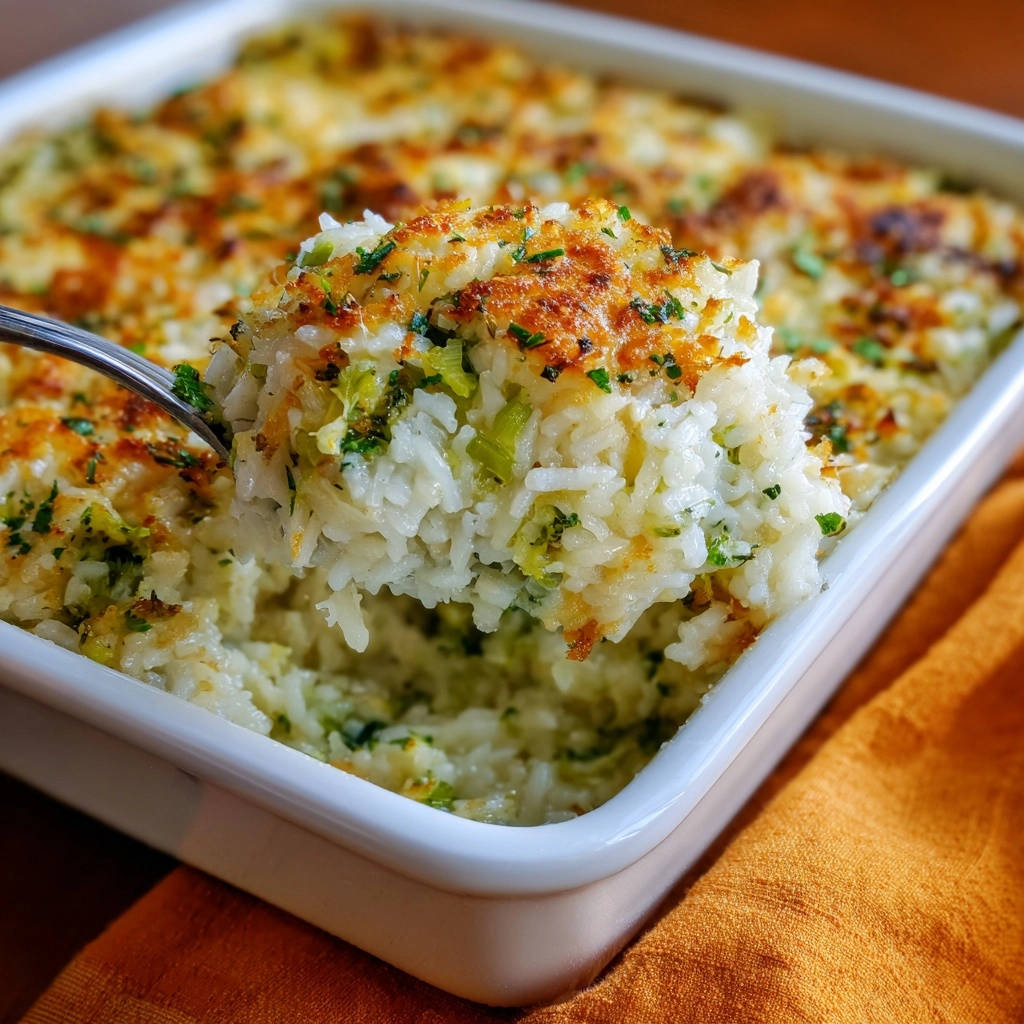 Cheesy broccoli rice bake shown as a forkful serving lifted from the casserole dish, with golden-brown topping.