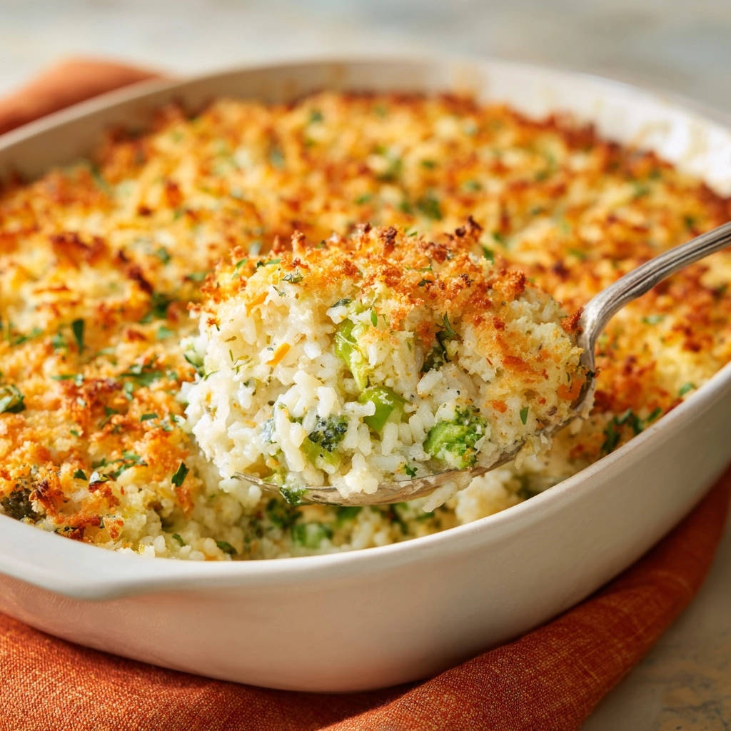 Cheesy broccoli rice bake with a spoonful being lifted from the casserole dish, showing the golden topping and creamy interior.