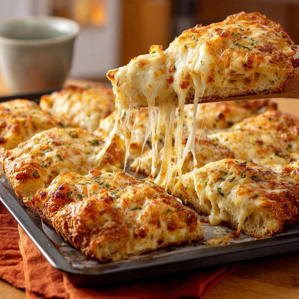 Cheesy garlic pull-apart bread with an epic cheese pull as one piece is lifted from the pan.
