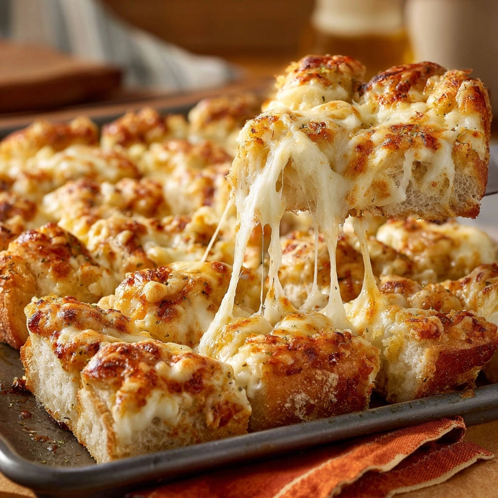 Cheesy garlic pull-apart bread with an epic cheese pull, a slice being lifted from the pan.