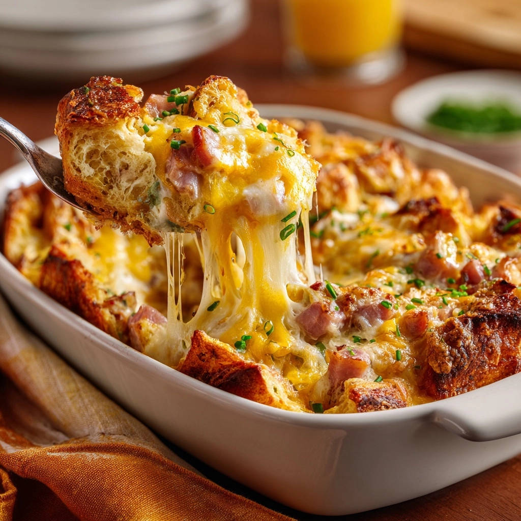 Cheesy ham & bread bake with a close-up detail of gooey cheese stretching from a serving spoon.