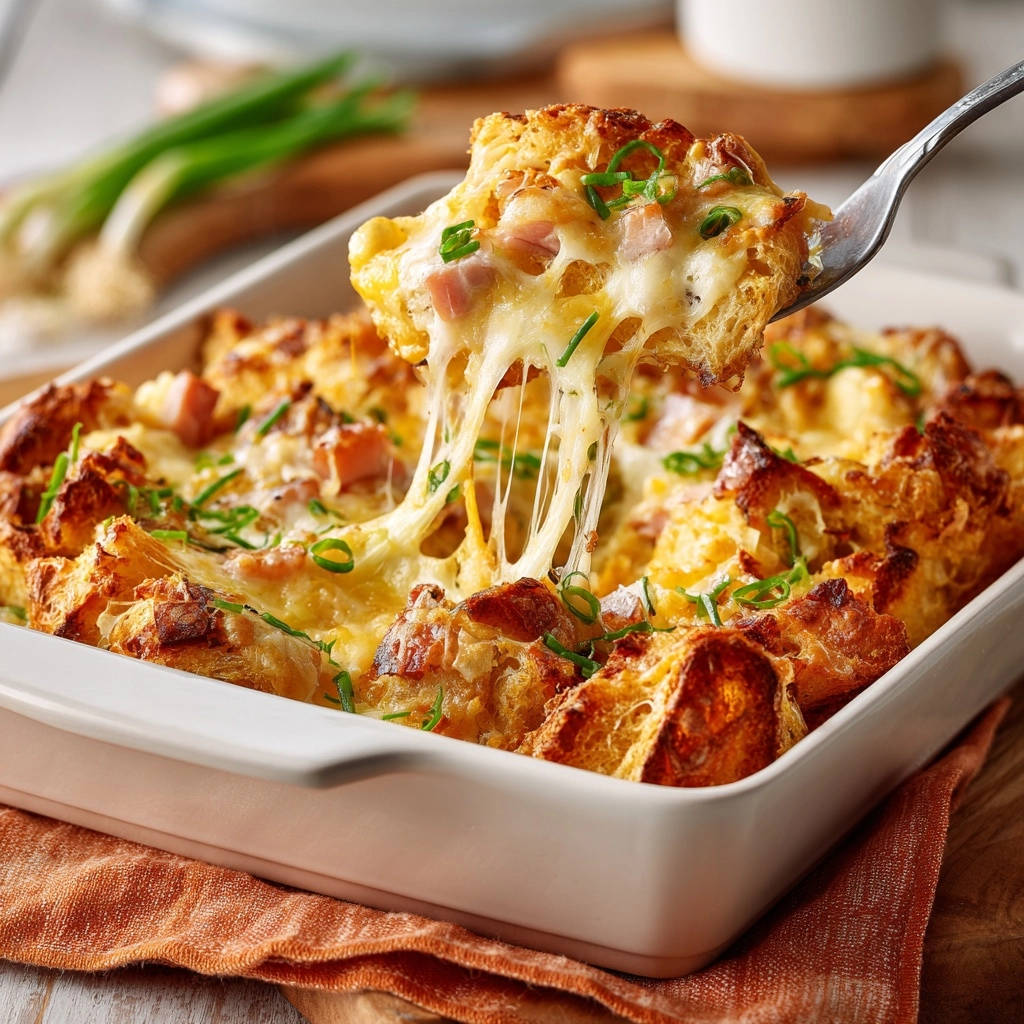 Cheesy ham and bread bake, with a forkful being lifted showing stretchy melted cheese.