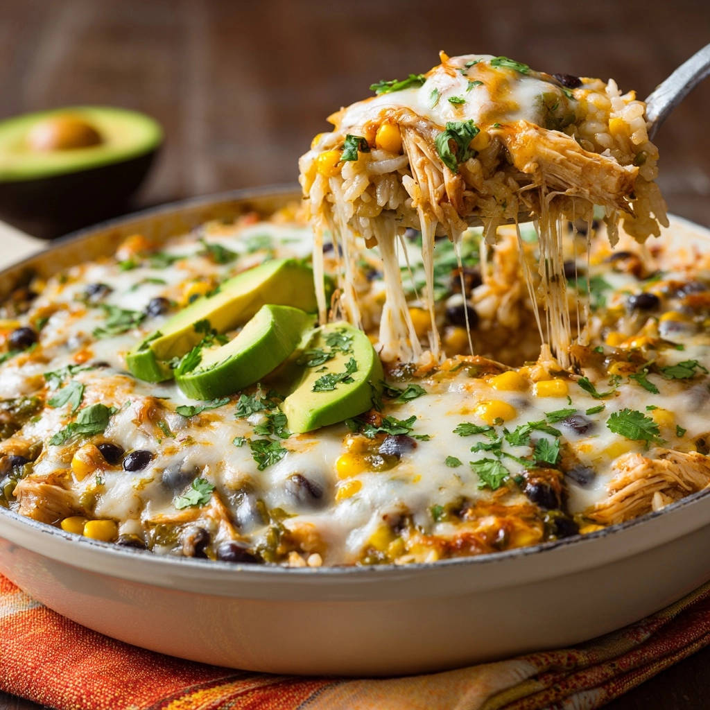 Cheesy skillet chicken and rice with a close-up detail of melted cheese pulling away from a serving spoon.