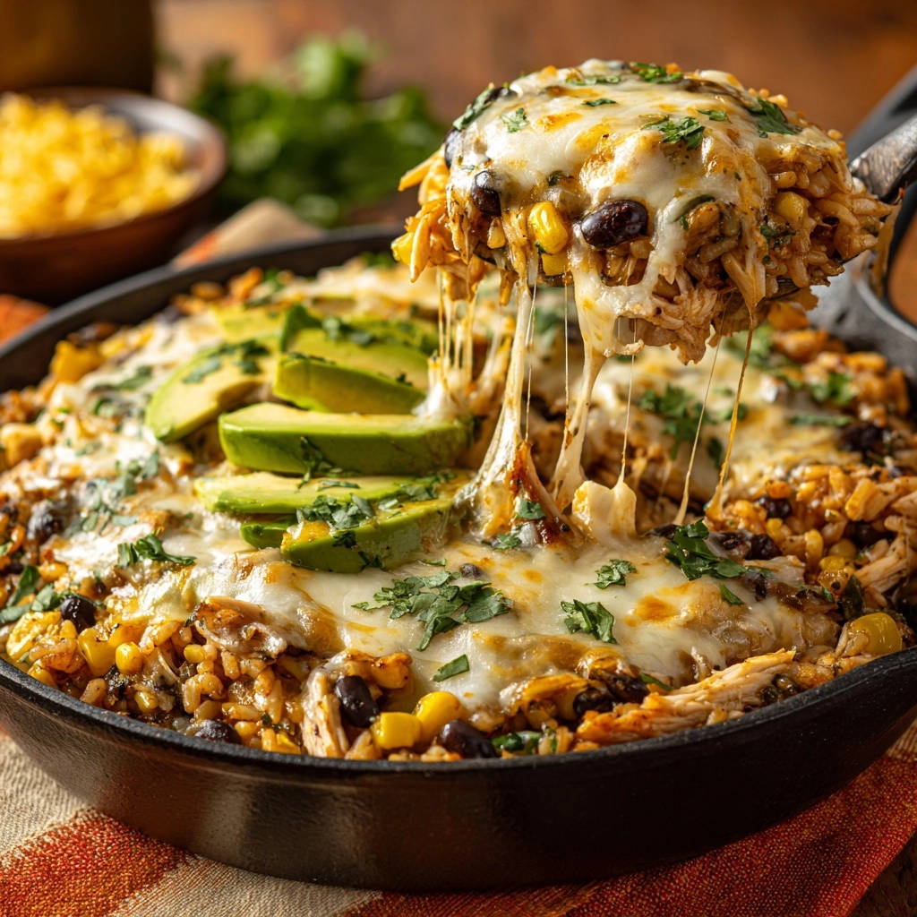 Cheesy skillet chicken &amp; rice with a gooey cheese pull, topped with fresh avocado and cilantro.