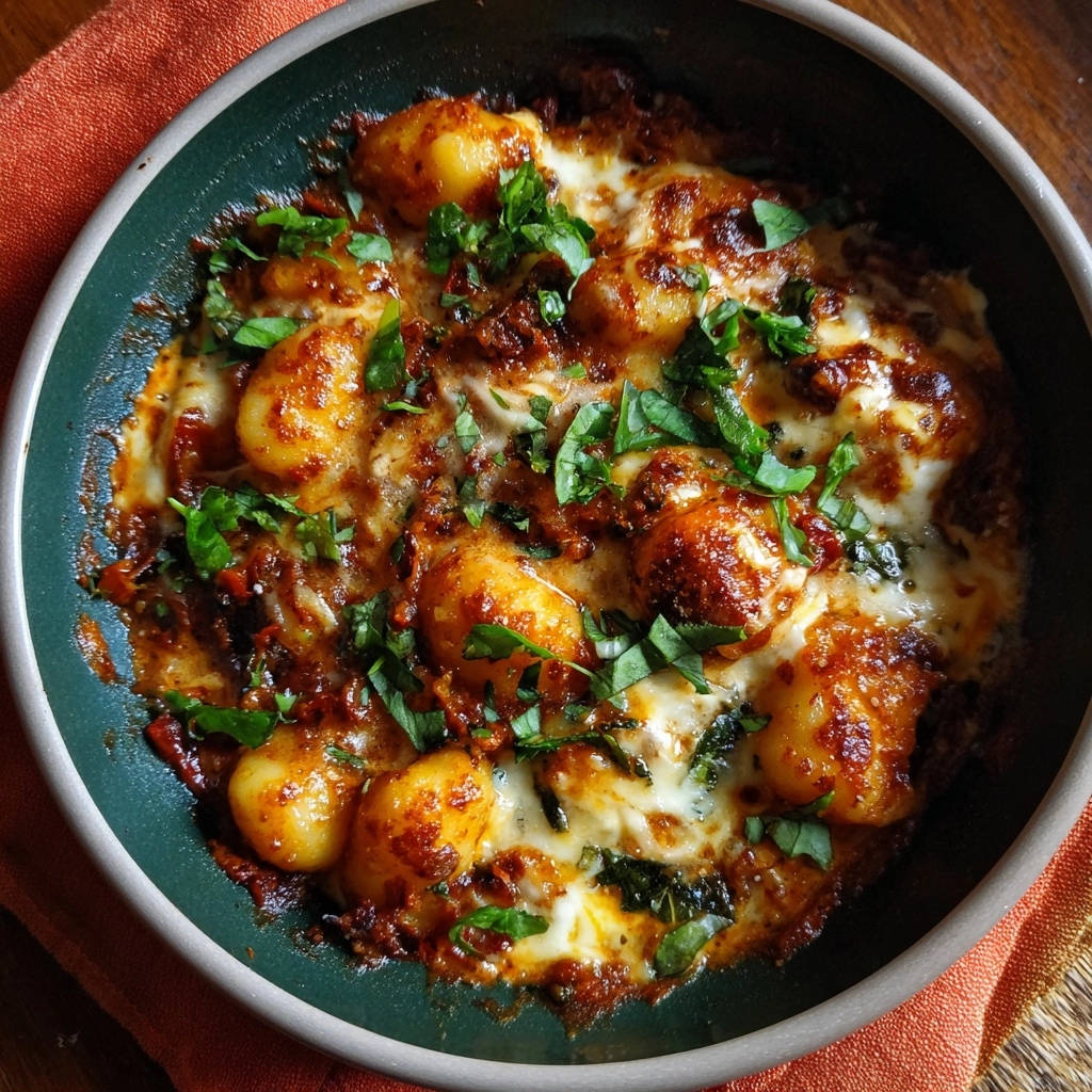 Cheesy skillet gnocchi served bubbling hot in a dark green skillet with melted cheese and fresh basil garnish.