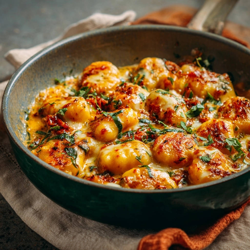 Cheesy skillet gnocchi with melted cheese and herbs, shown in a close-up view within a rustic pan.