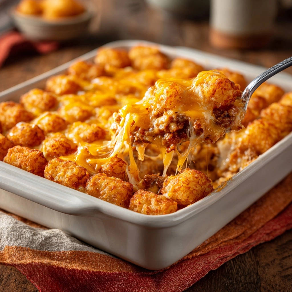 Cheesy tater tot bake with a spoonful being lifted, showing melted cheese and ground beef filling.