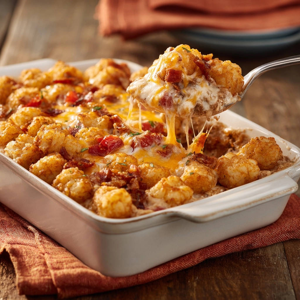 Cheesy Tater Tot Bake with a spoonful being lifted to show gooey cheese pull and crispy tater tops.