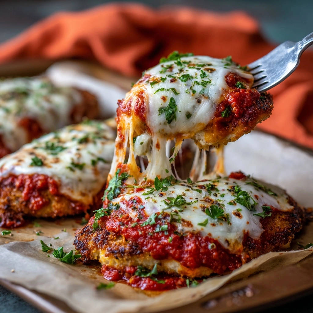 Chicken Parmesan Perfection with a fork lifting a piece showing a stringy cheese pull.