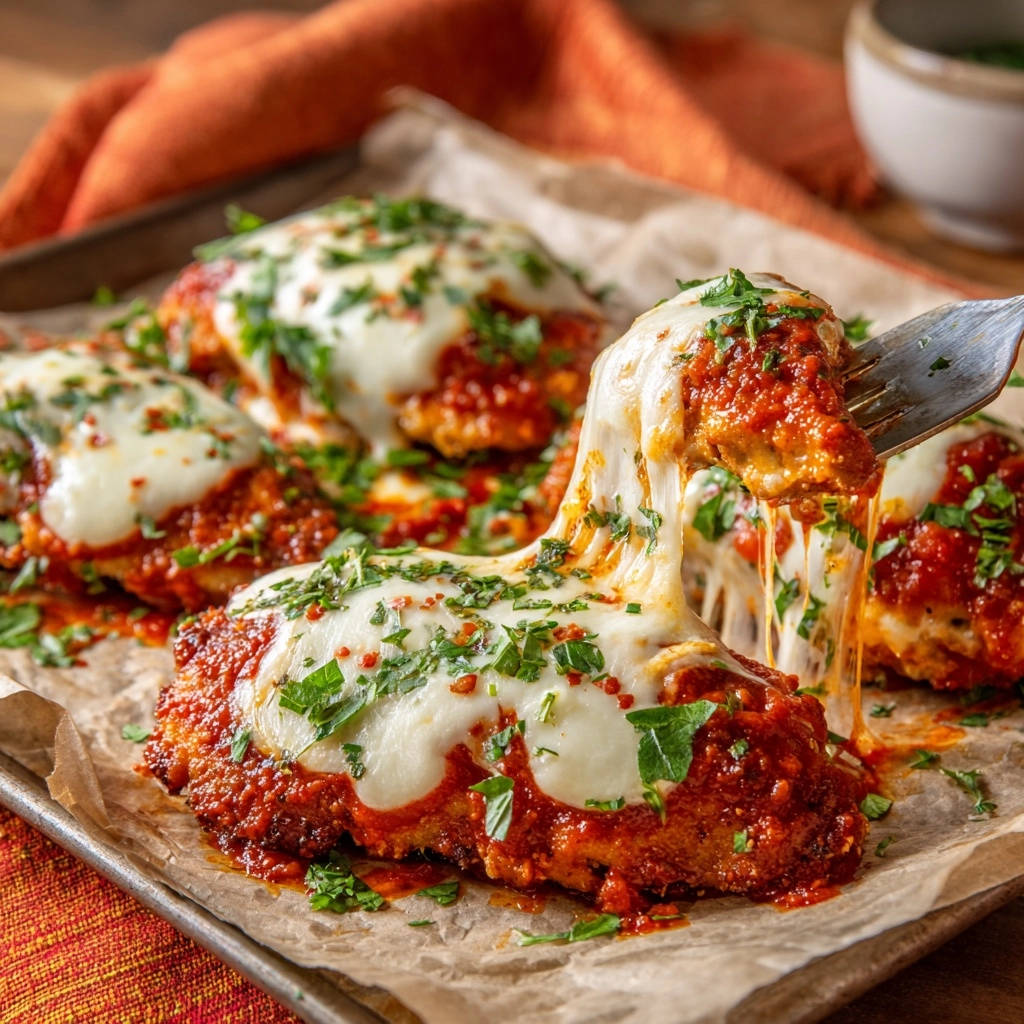 Chicken Parmesan perfection shown with a fork pulling up a piece with long, stretching mozzarella cheese.