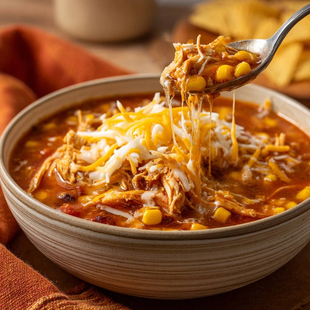Easy one-pot chicken tortilla soup shown as a spoonful with melted cheese and corn.