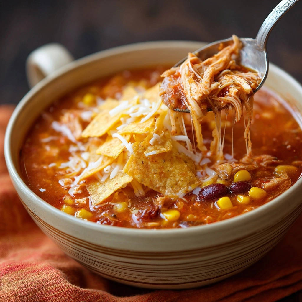 Easy One-Pot Chicken Tortilla Soup shown in a bowl with a spoon lifting a cheesy, shredded chicken portion.