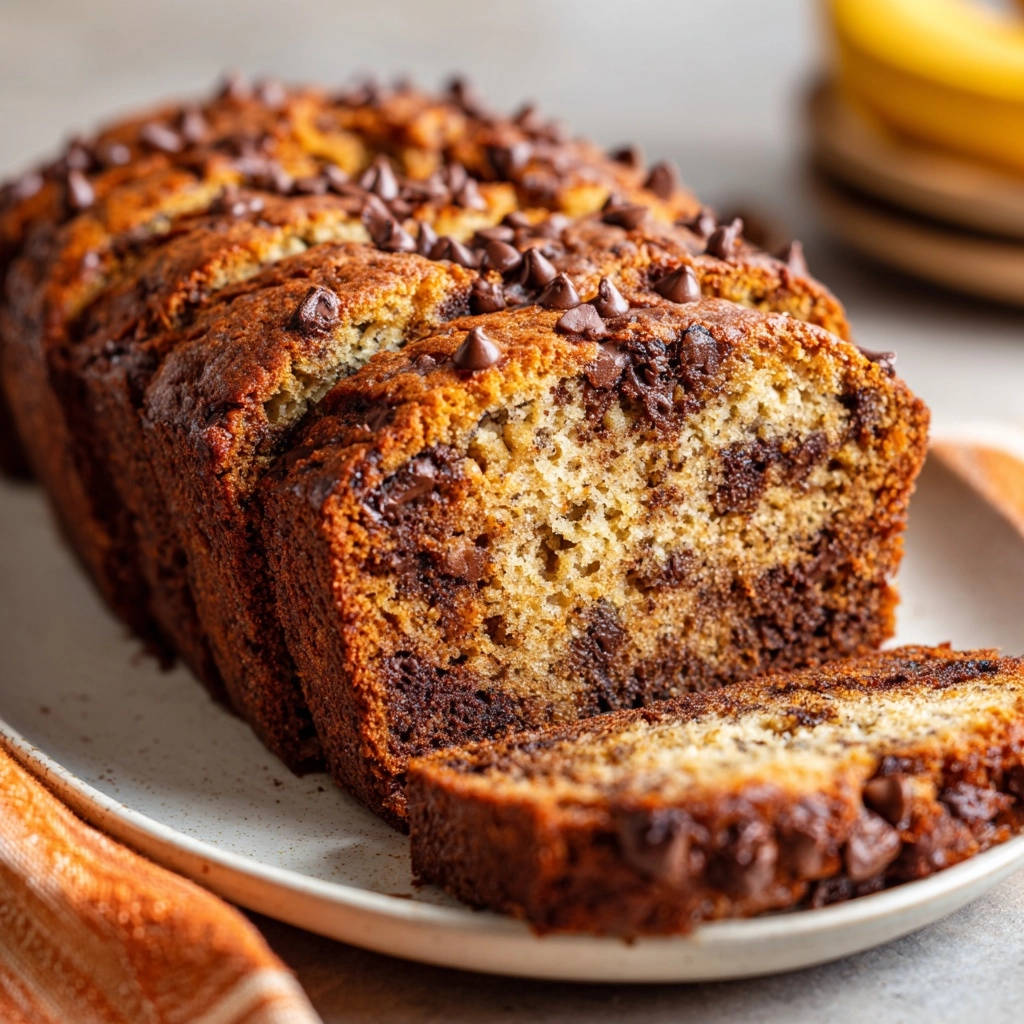 Ultimate chocolate chip banana bread with a sliced loaf revealing a rich, chocolatey cross-section.