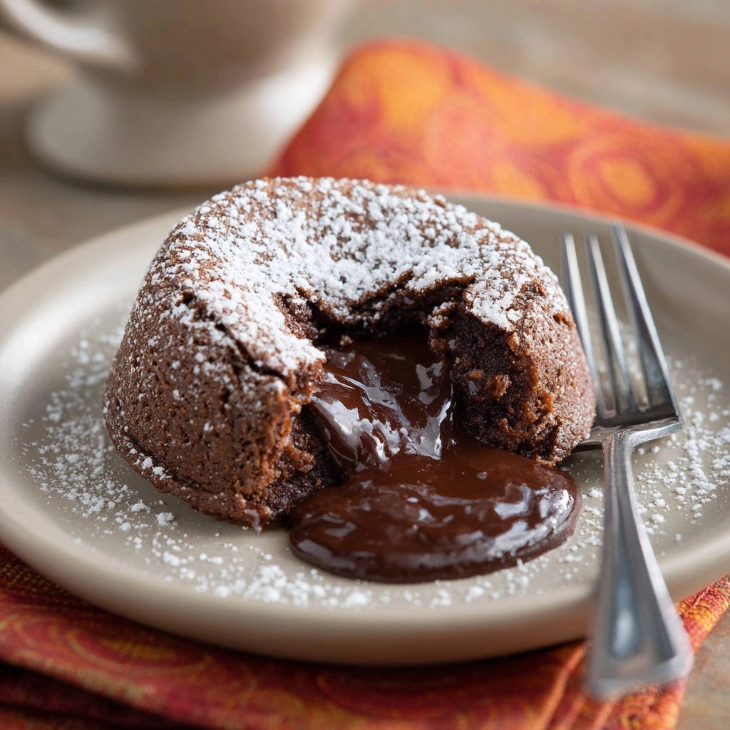 Decadent chocolate lava cakes with a molten core revealed in a close-up cross-section on a plate.