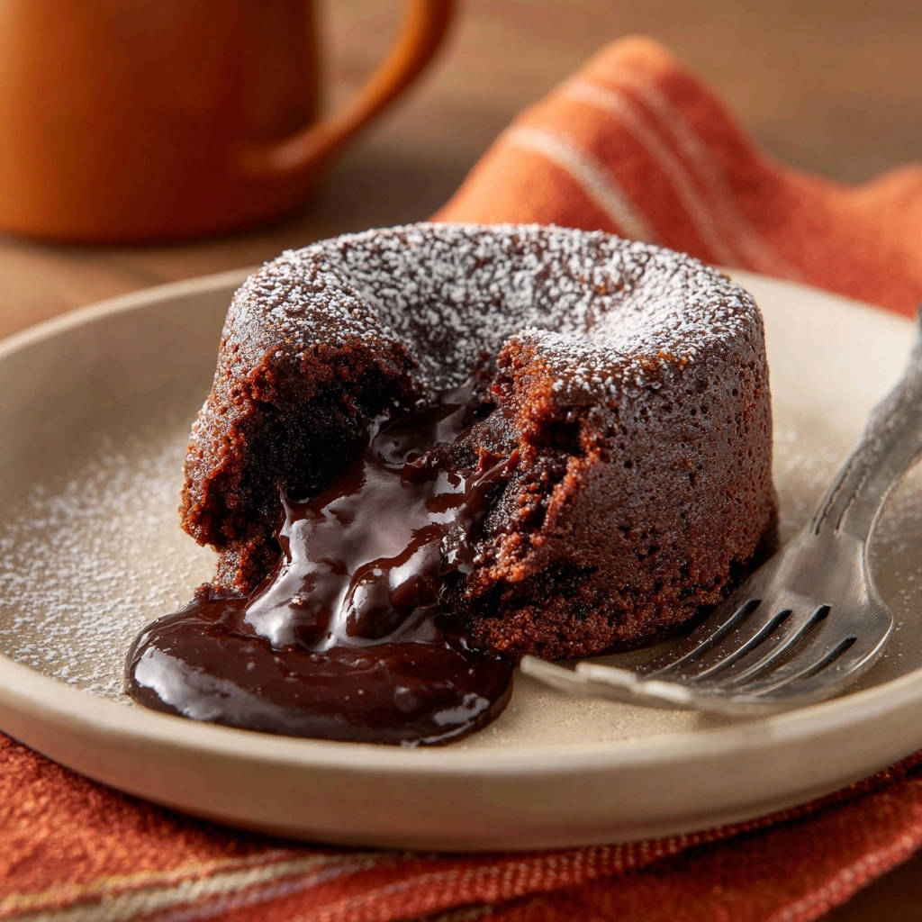 Decadent chocolate lava cakes with a molten interior cross-section, dusted with powdered sugar.