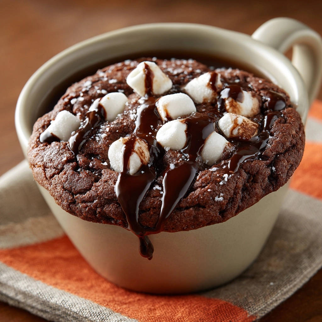 Decadent Chocolate Marshmallow Mug Cake topped with drizzles of chocolate and mini marshmallows.