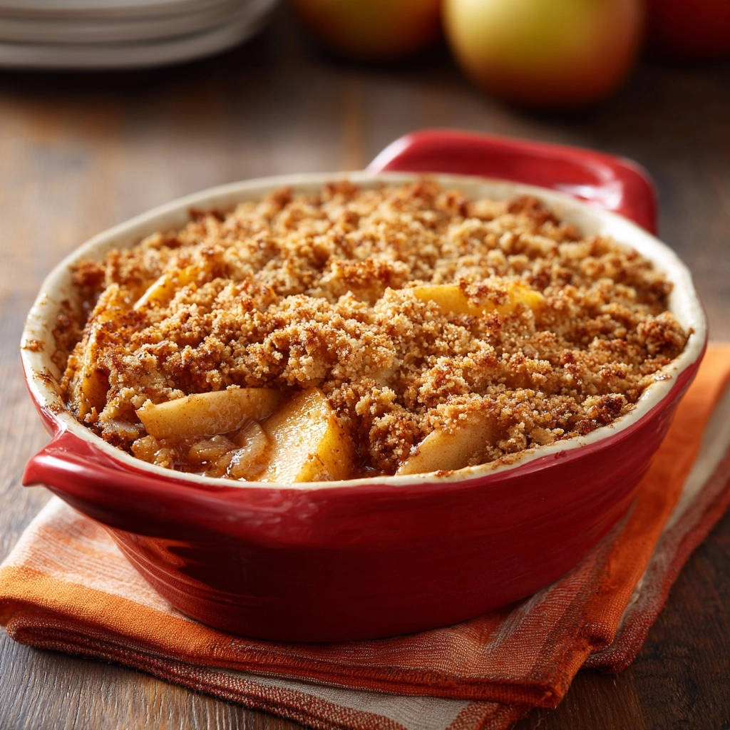Classic apple crisp with a golden brown crumb topping served in a red baking dish.