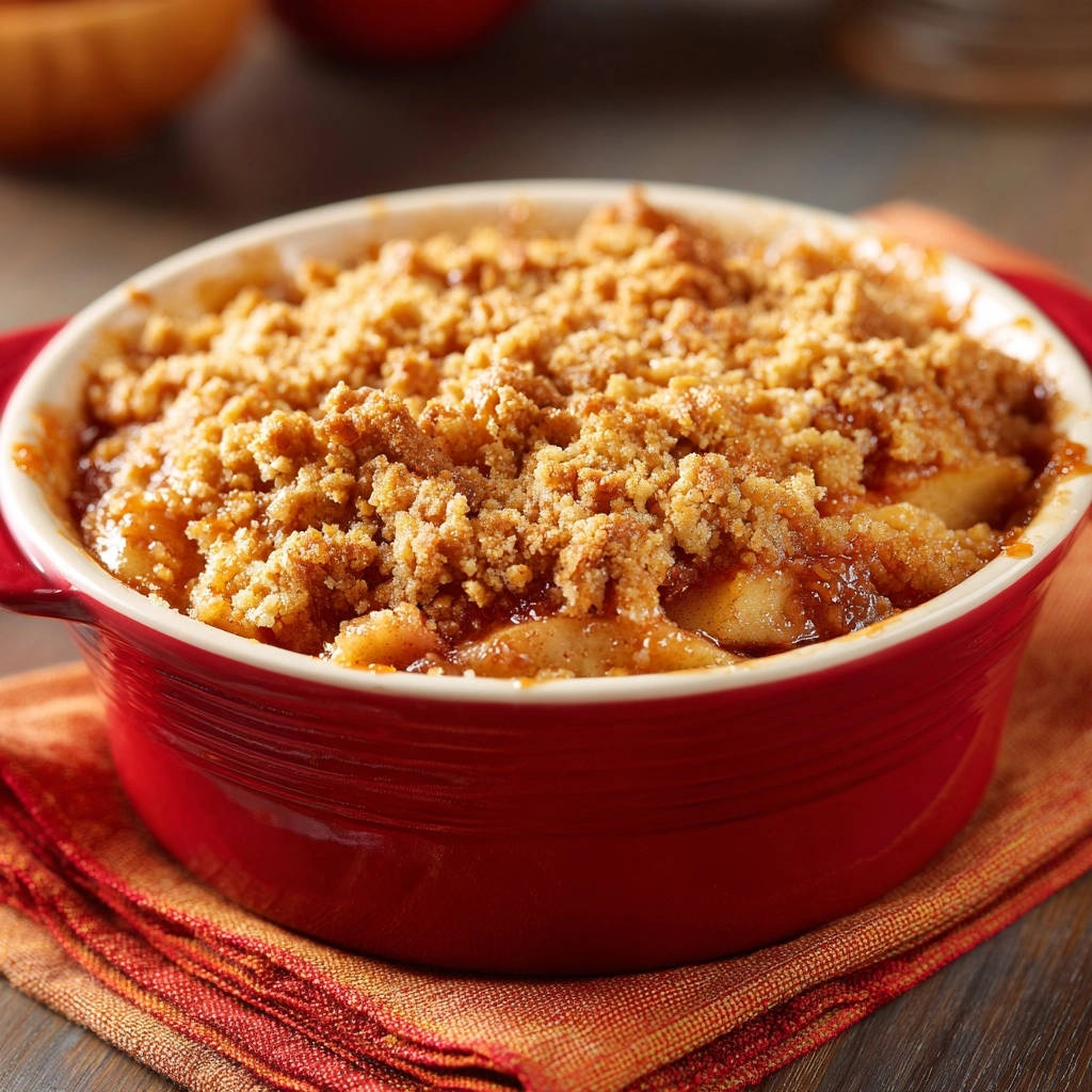 Classic apple crisp with a golden brown streusel topping served in a red baking dish.