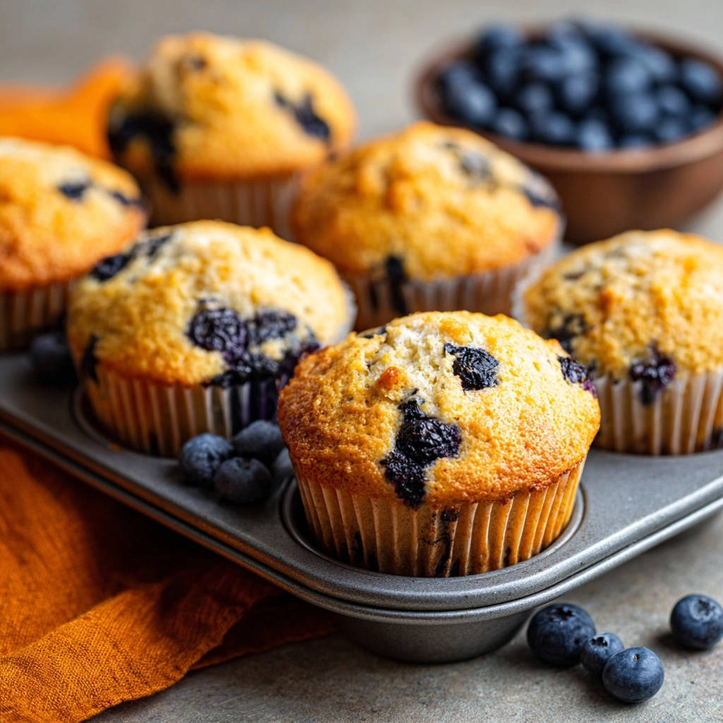 Classic blueberry muffins with domed tops shown in a muffin tin with fresh blueberries scattered around.