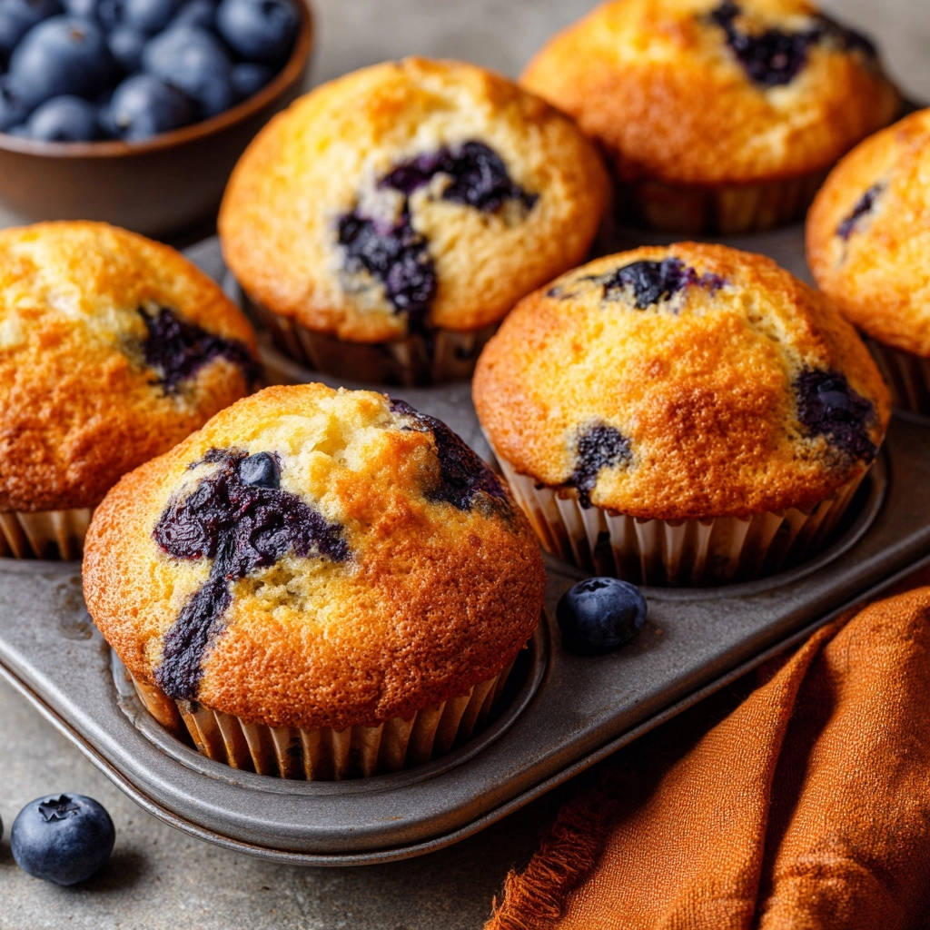 Classic blueberry muffins freshly baked in a muffin tin with blueberries scattered around.