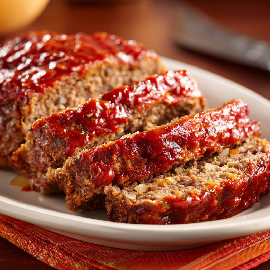 Classic comfort meatloaf sliced to reveal a moist cross-section with a glossy ketchup glaze.