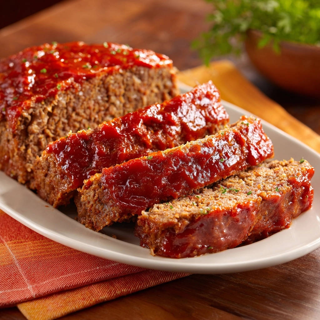 Classic comfort meatloaf sliced and glazed with a rich tomato topping, showcasing its moist texture.