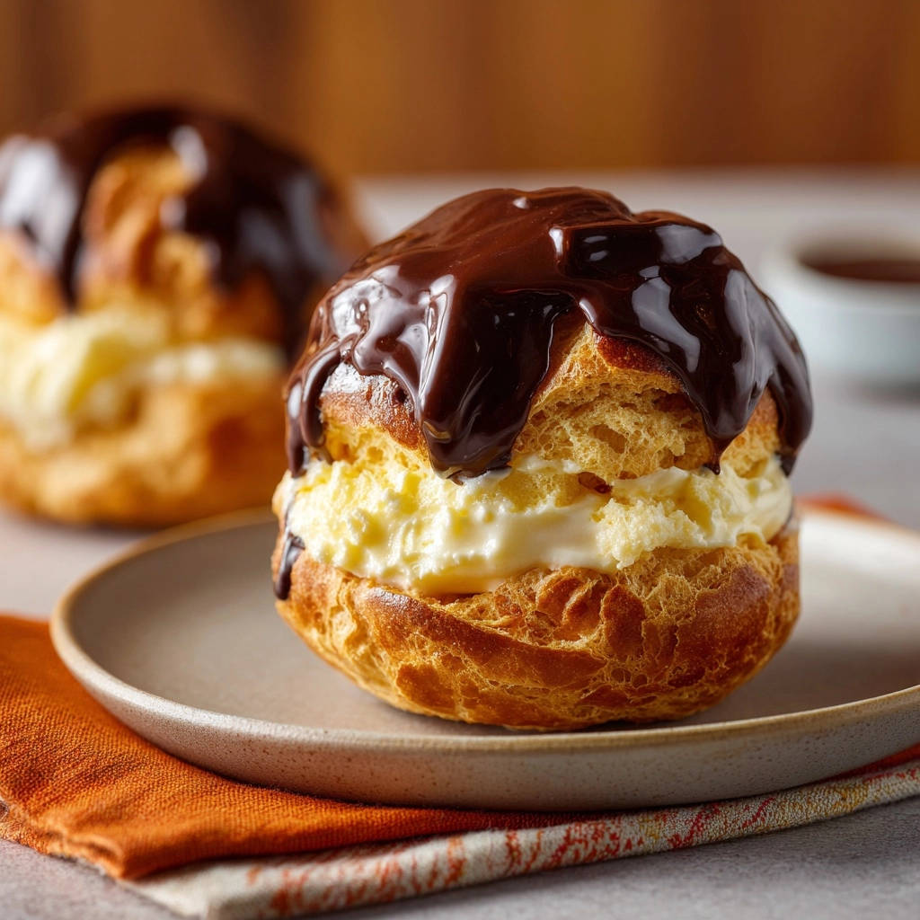 Classic cream puffs with chocolate ganache are plated on a light grey dish with an orange napkin.
