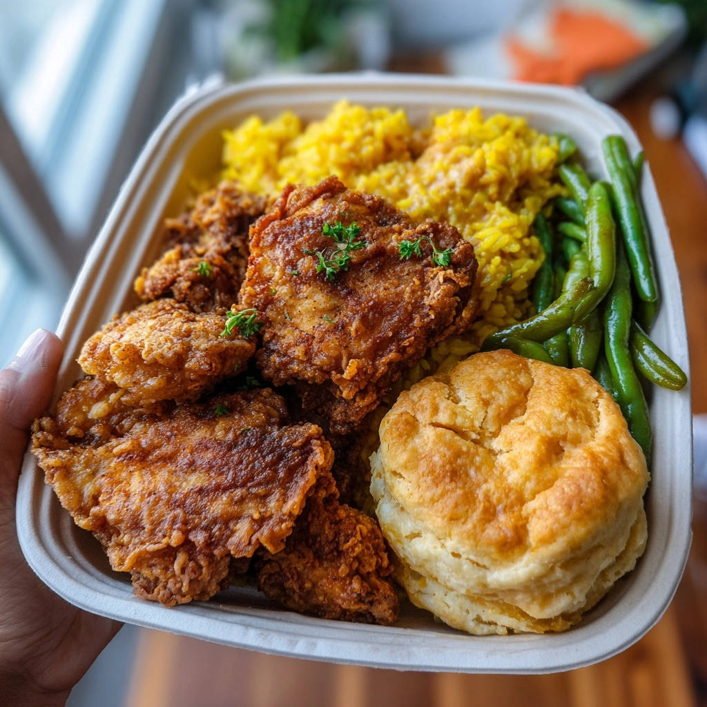 Classic crispy fried chicken plate with golden brown pieces, yellow rice, green beans, and a biscuit, shown in a close-up side view.