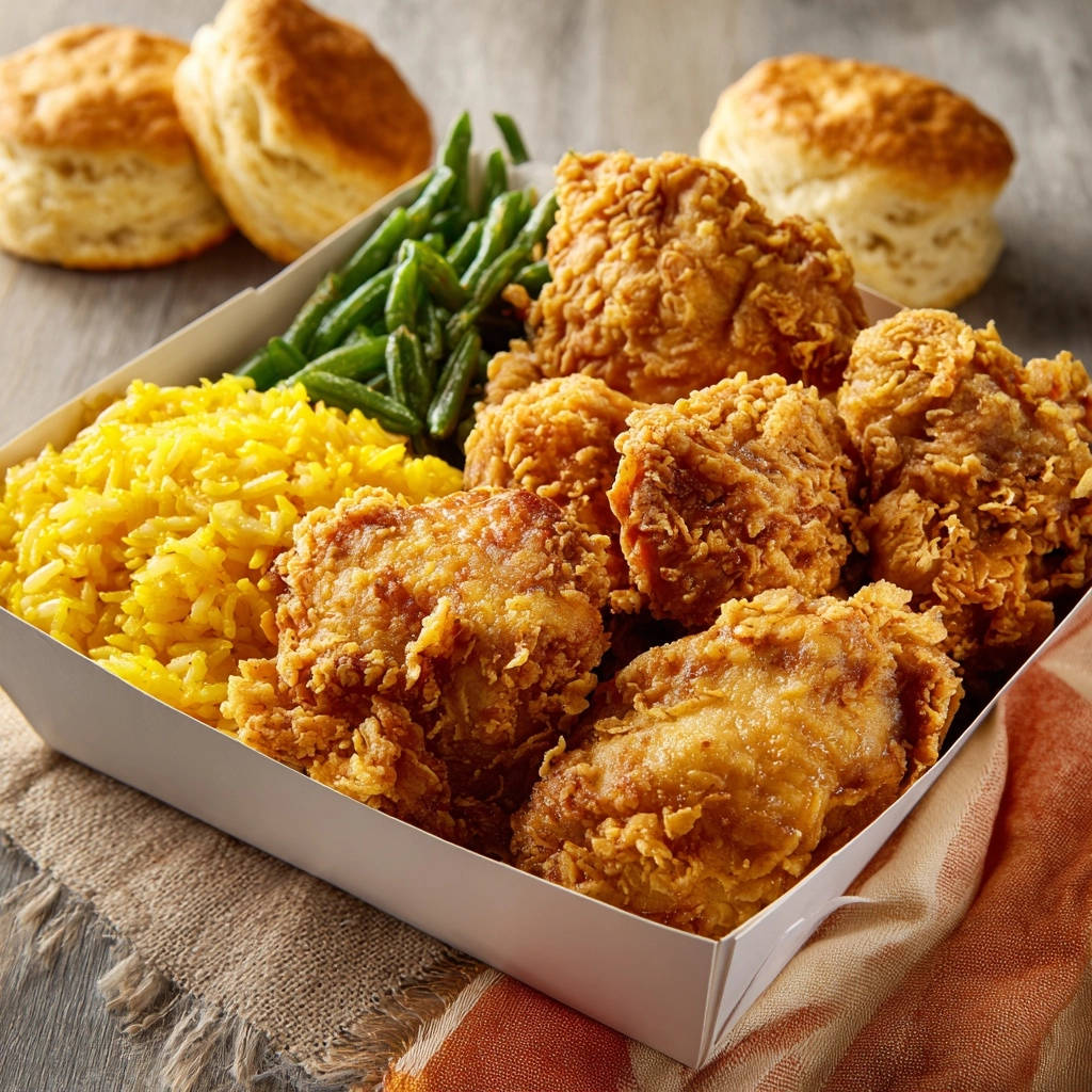 Classic crispy fried chicken plate featuring a full meal box with chicken, rice, and green beans.