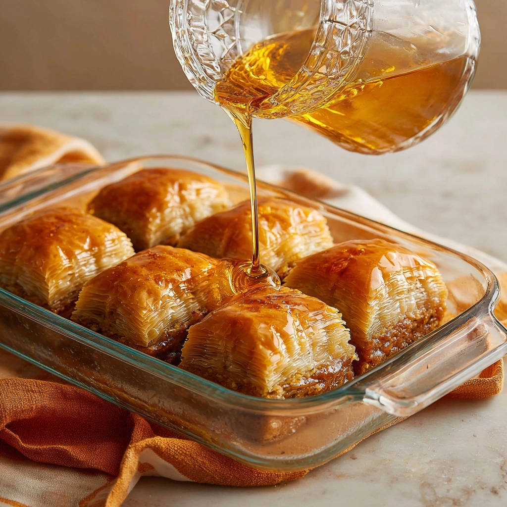Classic honey baklava being drizzled with golden syrup from a decorative glass pitcher.