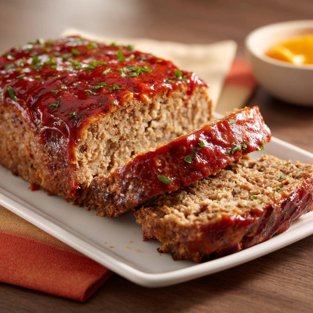 Classic meatloaf generously glazed with a tangy sauce, presented sliced on a white platter.