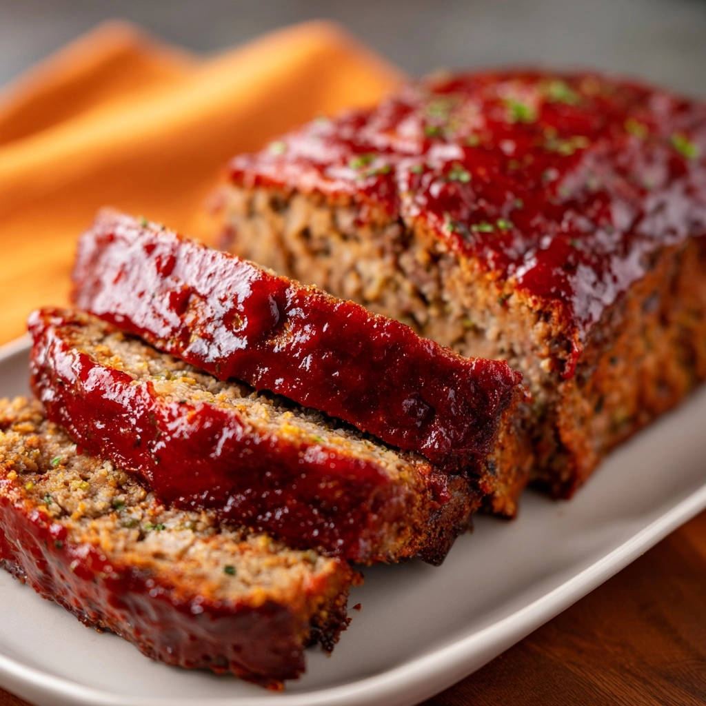 Classic meatloaf sliced on a plate, showing its glistening red glaze and textured interior.