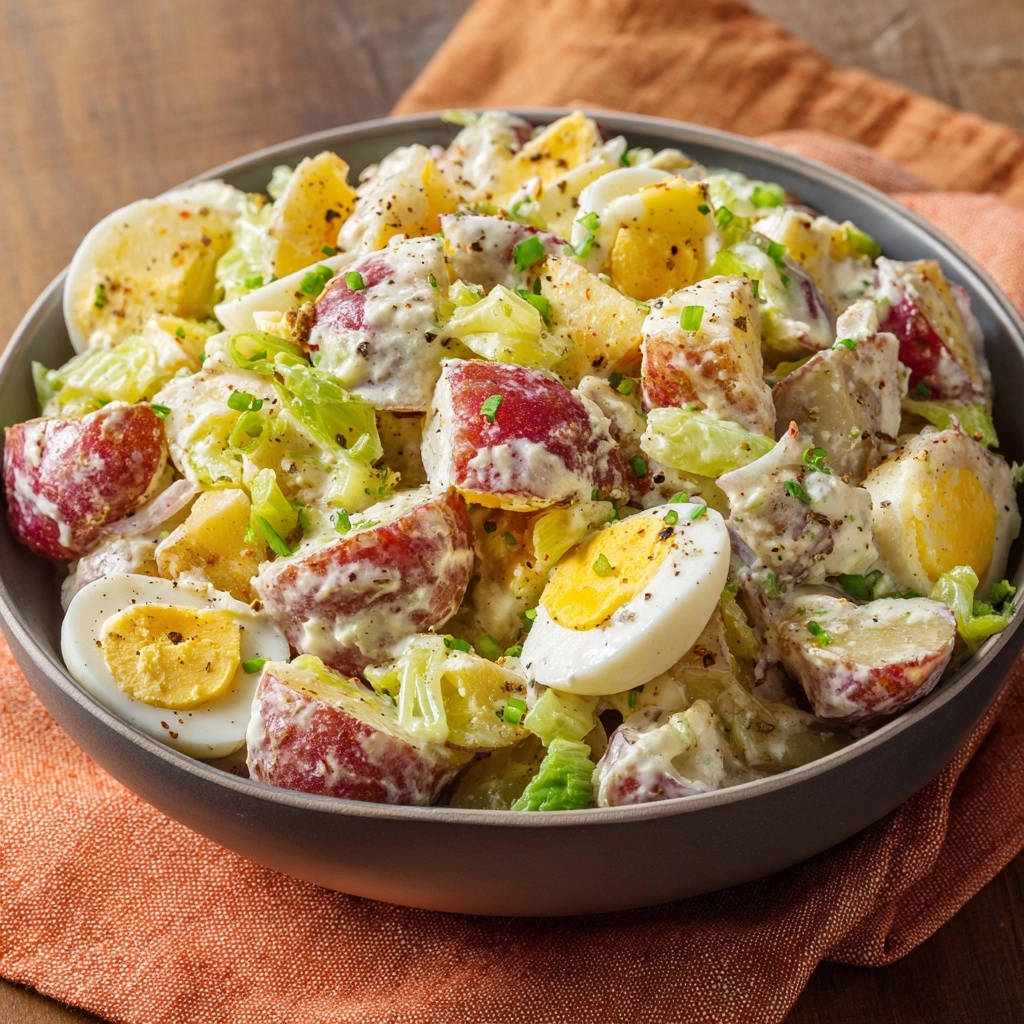 Classic red potato & egg salad served in a bowl, featuring red potatoes, hard-boiled eggs, and creamy dressing.