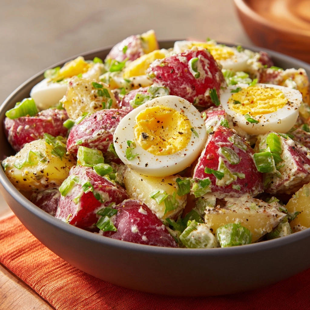 Classic red potato & egg salad served in a dark bowl, showcasing chunks of red potato, hard-boiled egg, and green onions.
