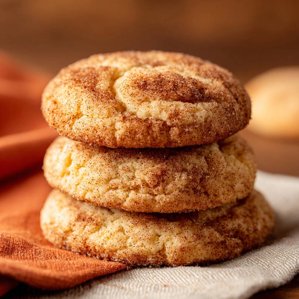 Classic Snickerdoodles stacked in a close-up view, showcasing their cinnamon-sugar coating and tender texture.