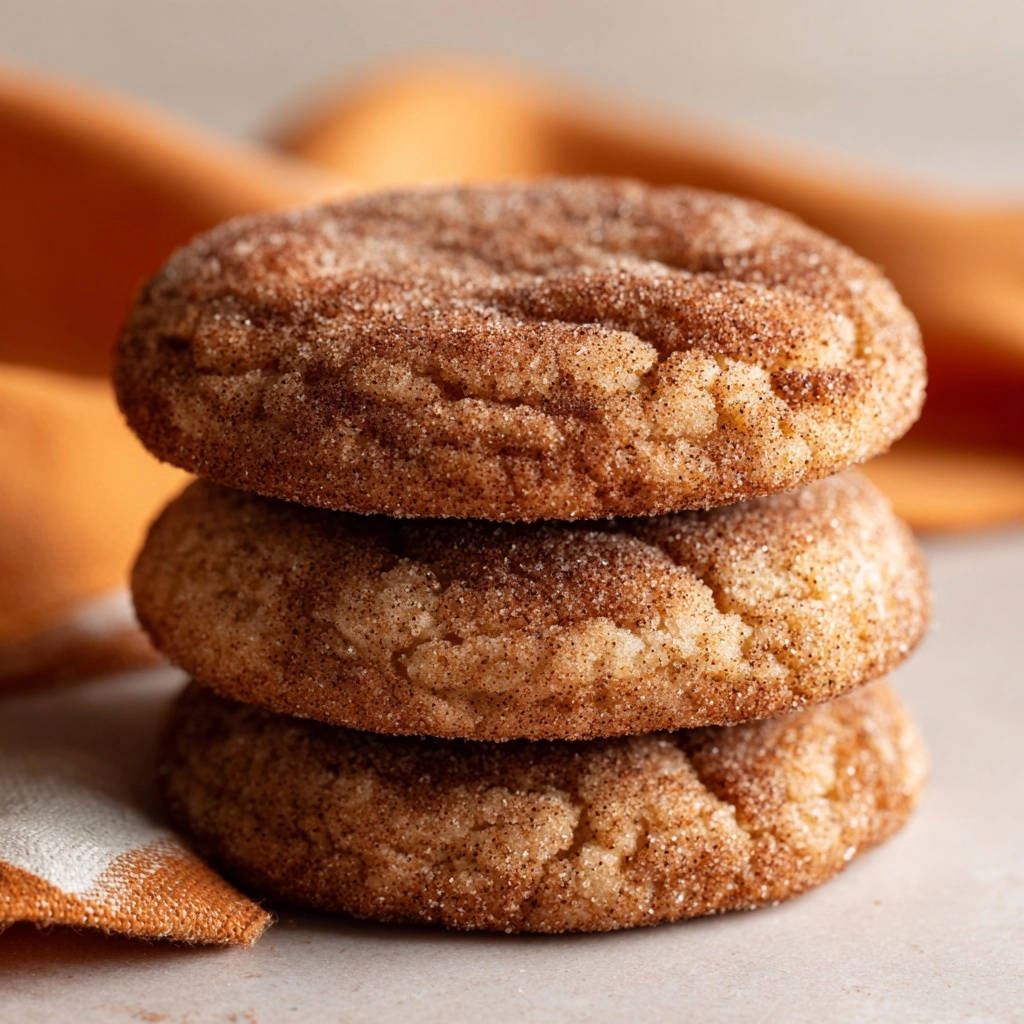 Classic snickerdoodles are stacked in a close-up view, showcasing their cinnamon-sugar coating and tender texture.