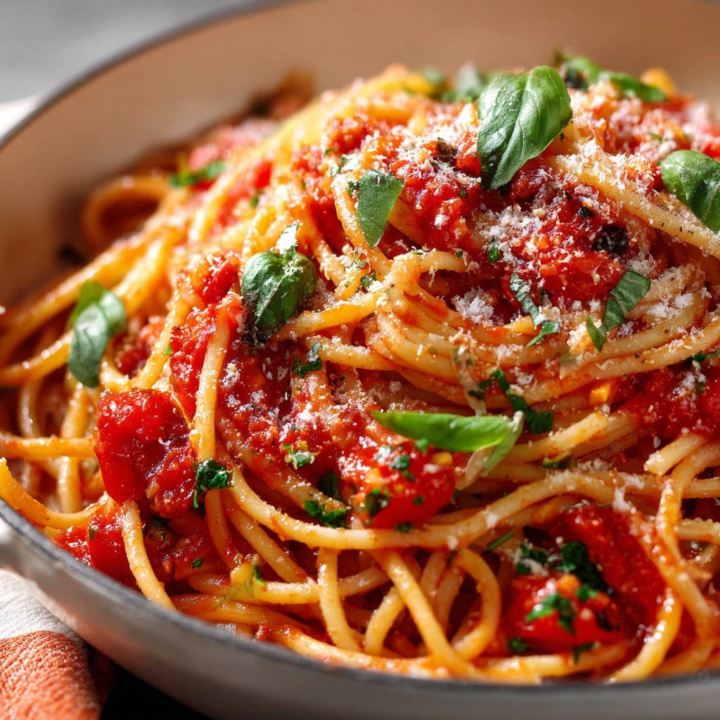 Classic spaghetti with rich tomato sauce, close-up view with fresh basil leaves and grated Parmesan cheese.