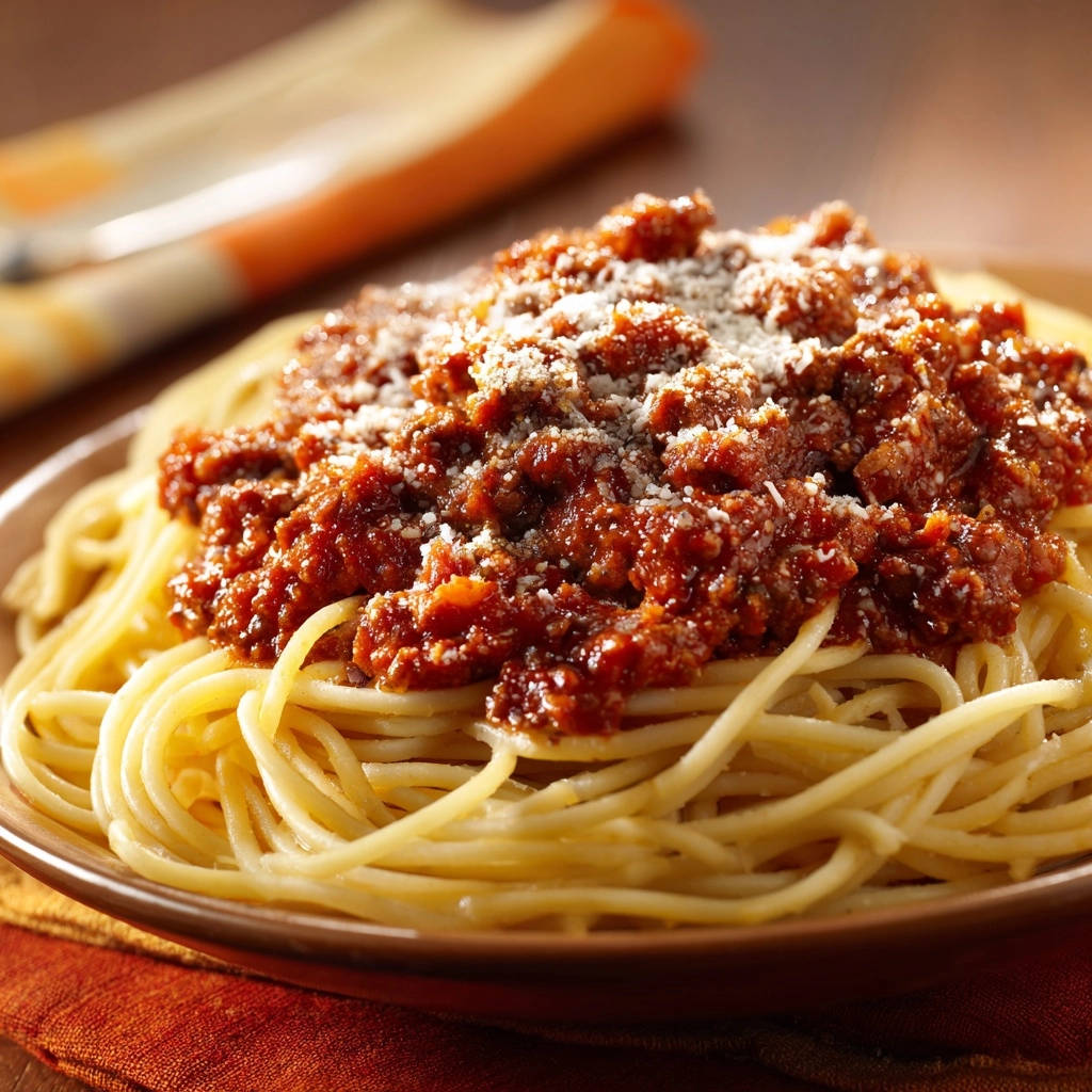 Classic weeknight spaghetti with a rich meat sauce and grated cheese topping, presented close-up.
