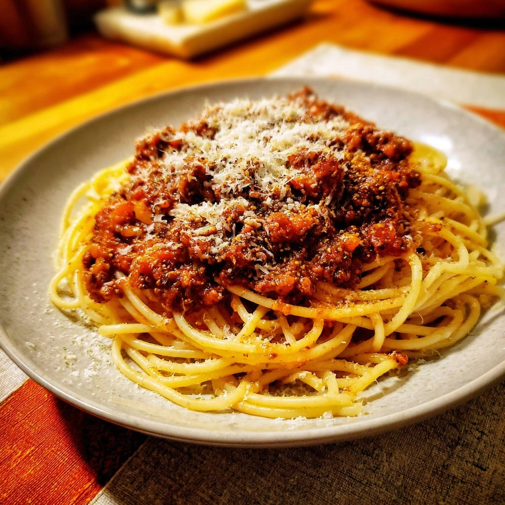 Classic weeknight spaghetti plated with a rich meat sauce and topped with grated Parmesan cheese.
