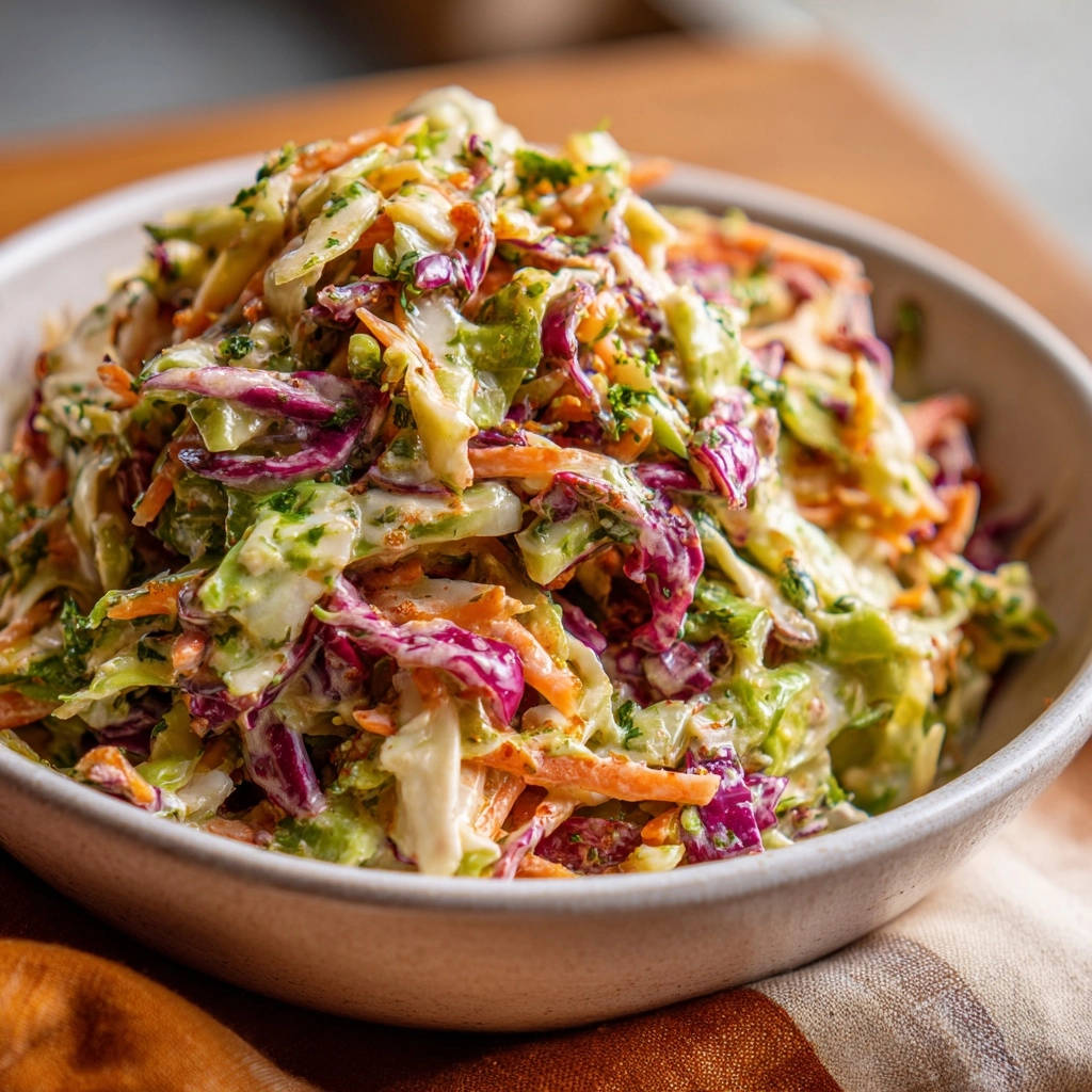 Coleslaw that stays crispy shown in a close-up of a full bowl, featuring shredded cabbage and carrots in a creamy dressing.