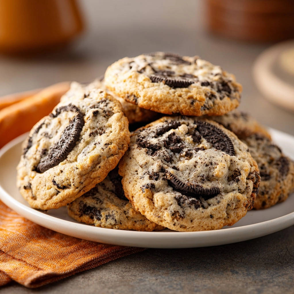 Cookies and cream drop cookies shown in a close-up pile on a white plate with an orange napkin.