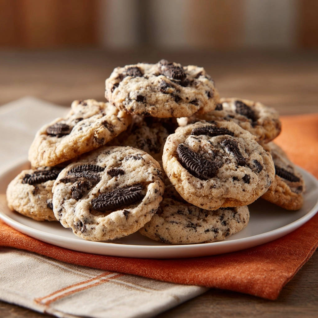 Cookies and cream drop cookies piled high on a white plate, showcasing their chewy texture and cookie chunks.