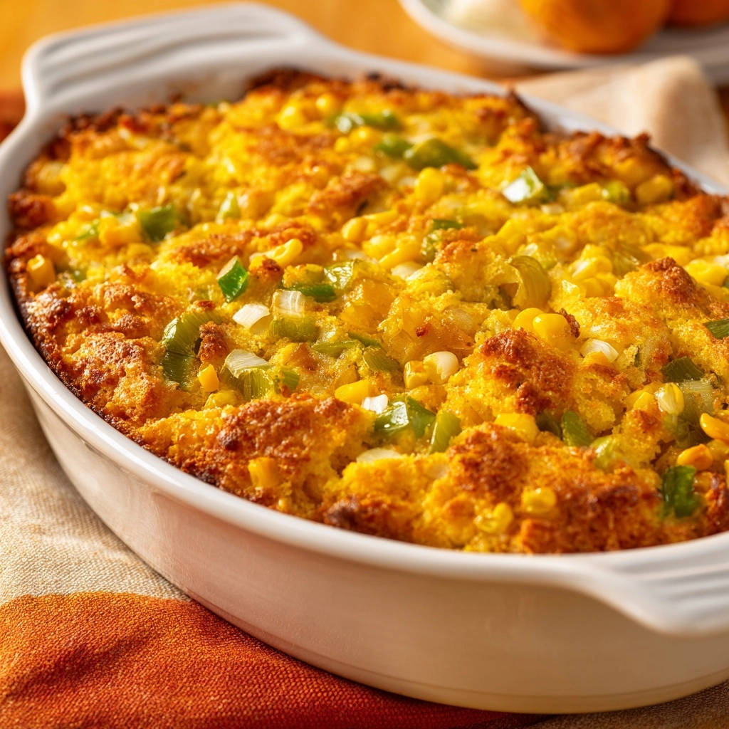 Savory cornbread bake with corn and green peppers, showing its golden-brown texture in a white baking dish.