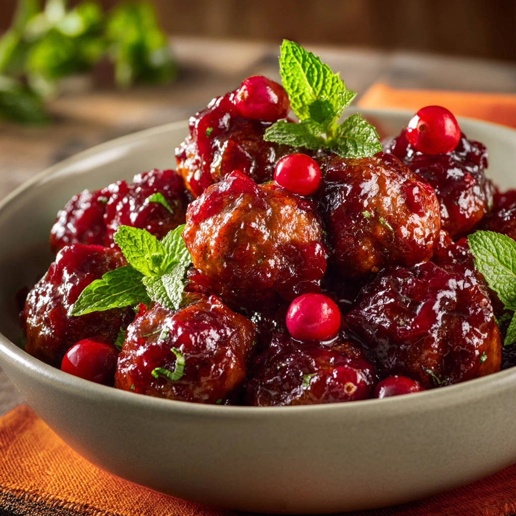 Festive cranberry glazed meatballs in a bowl, garnished with fresh cranberries and mint leaves.