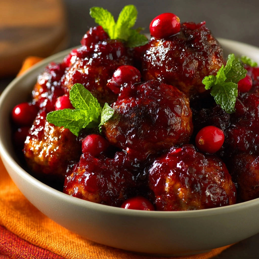 Festive cranberry glazed meatballs served in a bowl, showcasing a glistening glaze and fresh mint garnish.