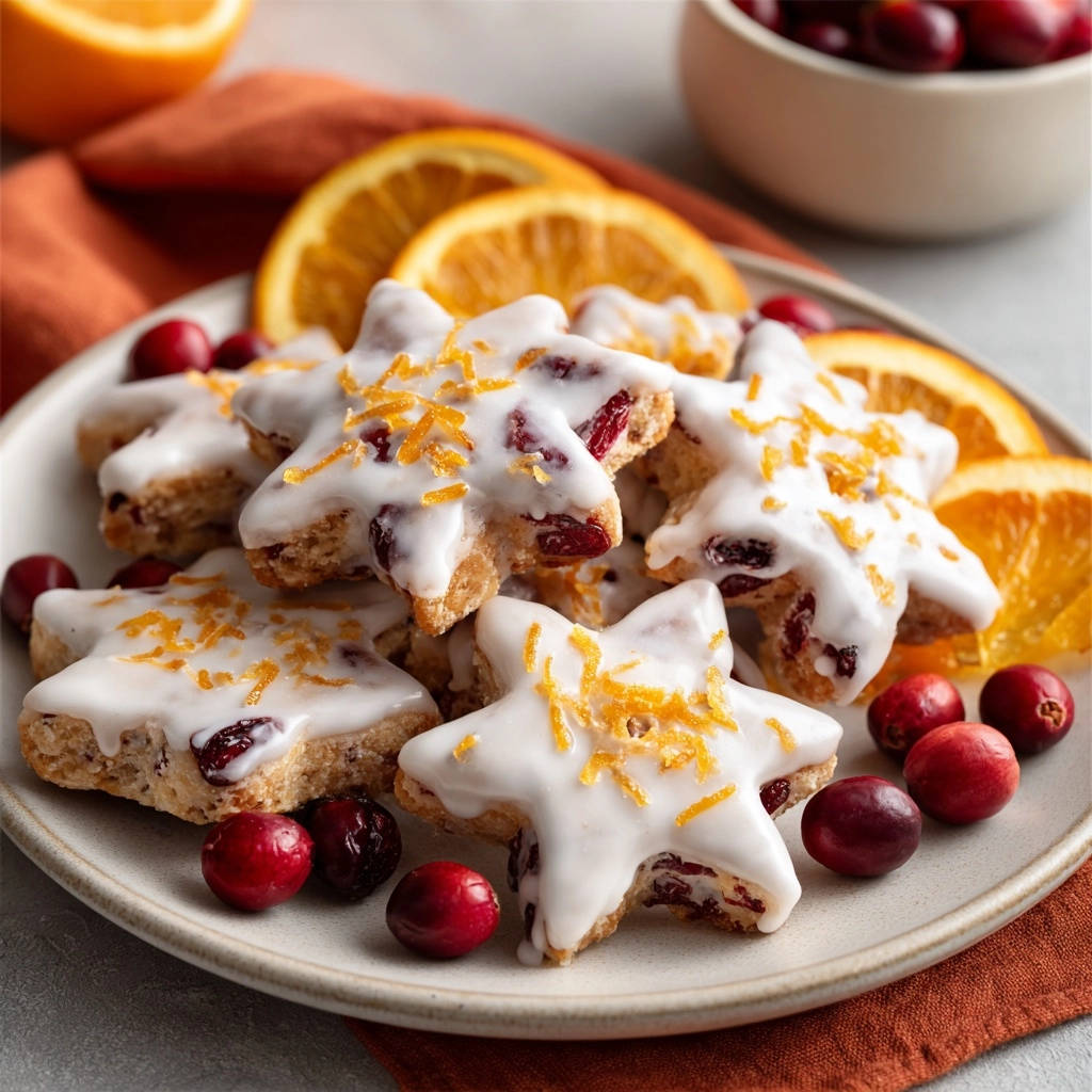 Cranberry orange star cookies, generously glazed and sprinkled with bright orange zest, sit on a festive plate.