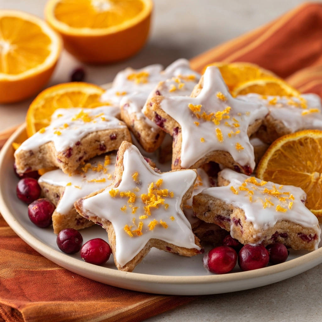Cranberry orange star cookies garnished with orange zest and fresh cranberries on a plate.