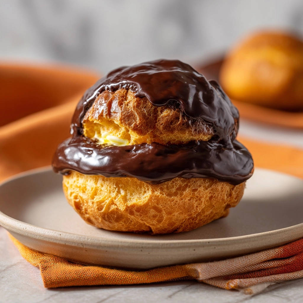 Classic cream puffs with chocolate ganache, a close-up of a single plated pastry showing the glazed filling.