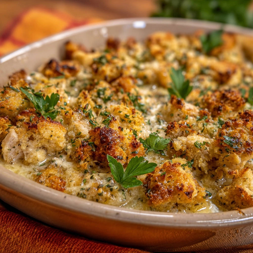 Creamy cauliflower casserole with a bubbling sauce and a golden, textured breadcrumb topping, garnished with fresh parsley.